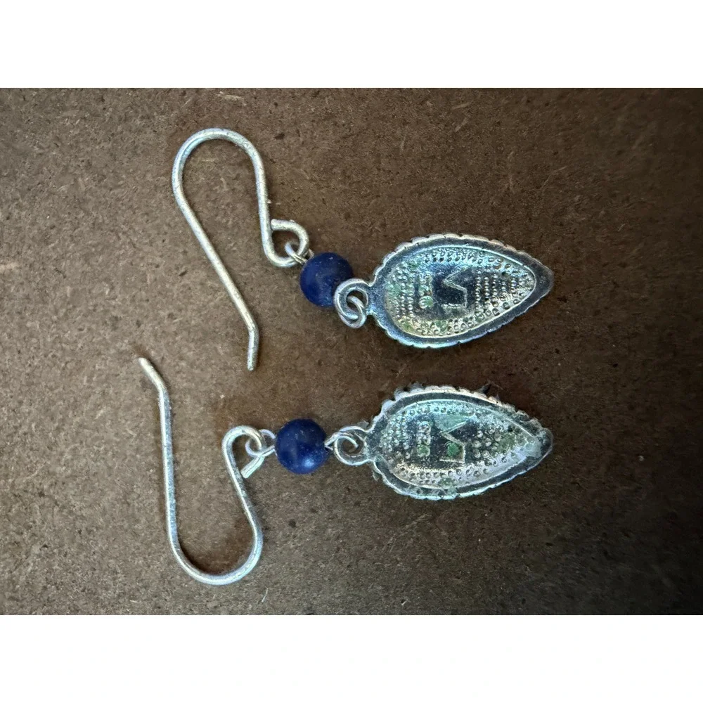 925 Sterling Silver Lapis Lazuli‎ Teardrop Filigree Hook Drop Earrings Blue Bead